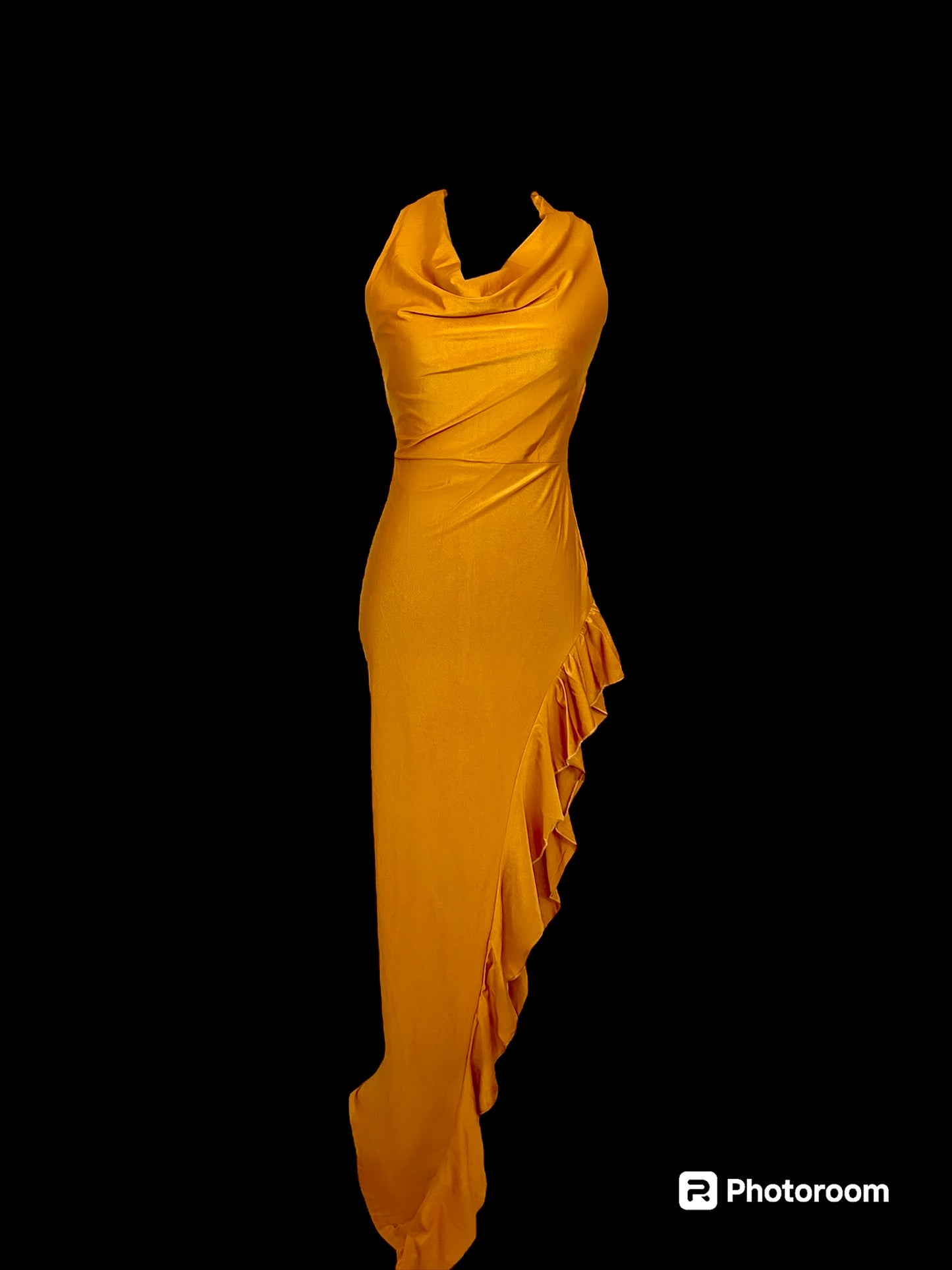 Halter Cowl Neck Dress With Thigh High Ruffle Split