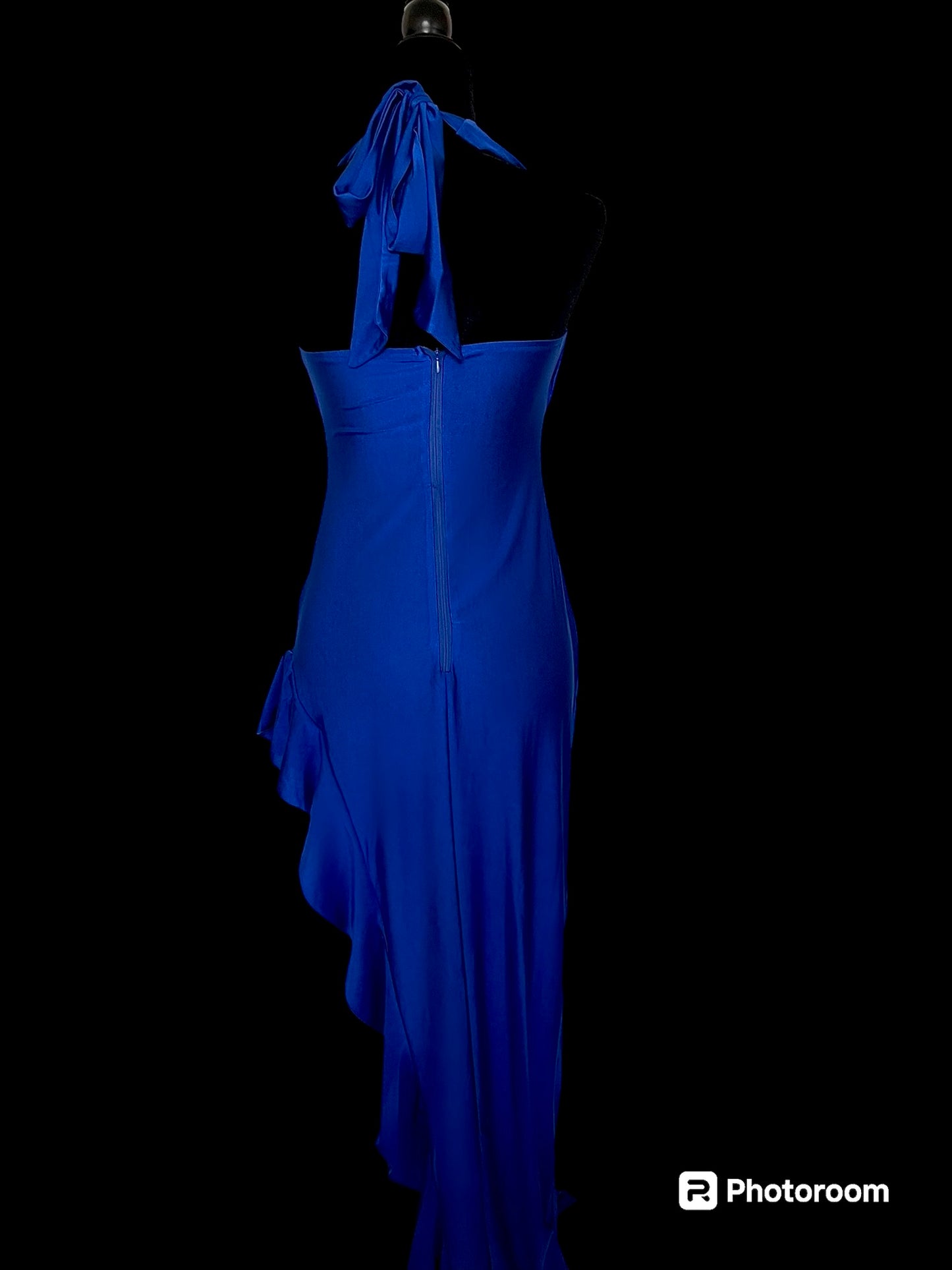 Halter Cowl Neck Dress With Thigh High Ruffle Split
