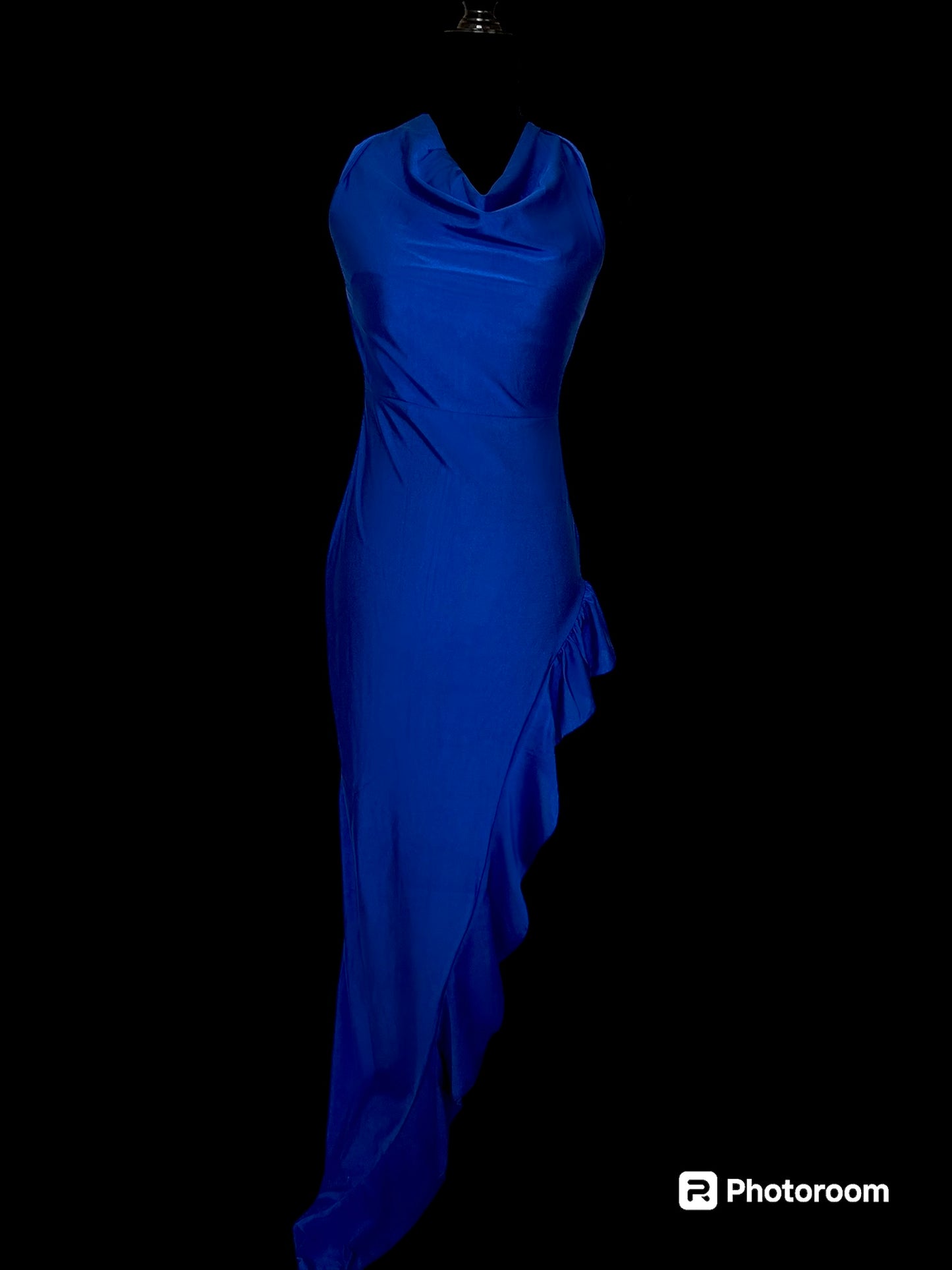 Halter Cowl Neck Dress With Thigh High Ruffle Split