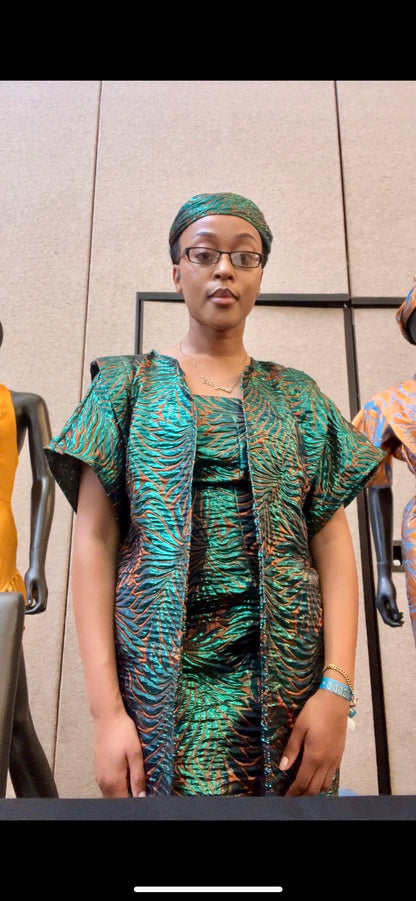 Three Piece African Queen Kaftan + Dress + Headpiece Set