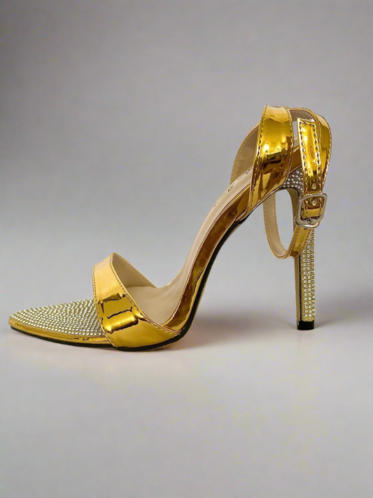 Diamanté Point-Toe Gold Heels