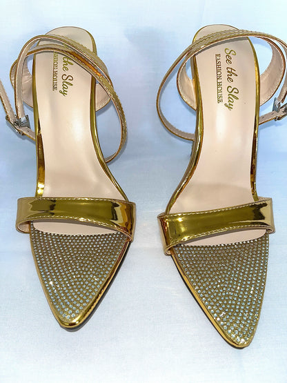 Diamanté Point-Toe Gold Heels